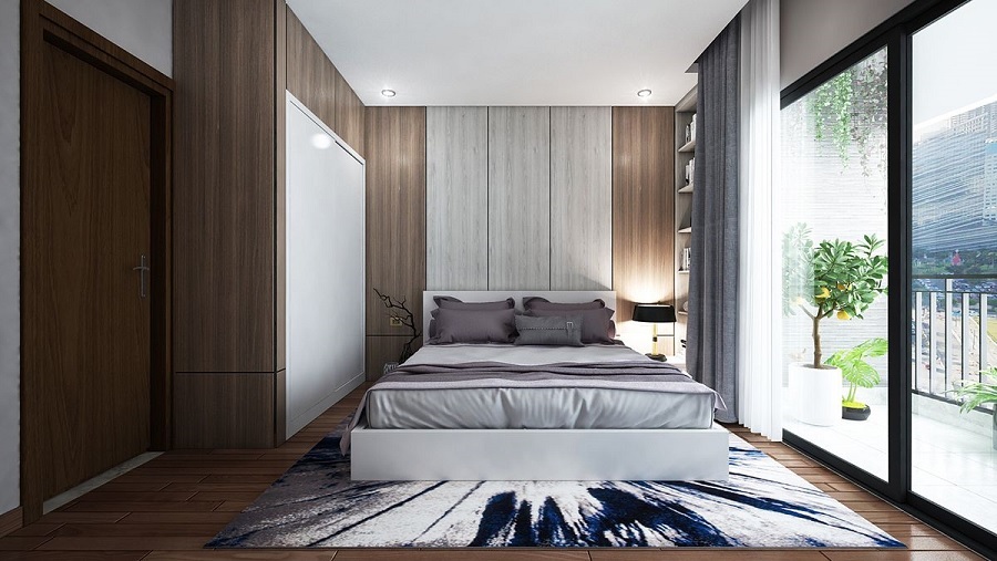 Phòng ngủ master thiết kế theo phong cách tối giản với rất ít chi tiết nhưng vẫn đảm bảo sự tinh tế, sang trọng và tiện ích cần thiết cho sinh hoạt