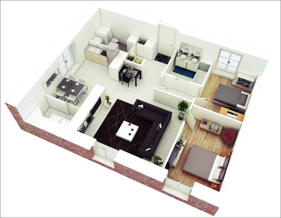 Thiết kế nội thất chung cư 60m2 phân chia 2 phòng ngủ phù hợp với gia đình có con nhỏ