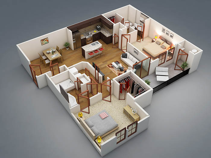 Bố trí thiết kế nội thất chung cư 65m2 liên thông giữa các phòng