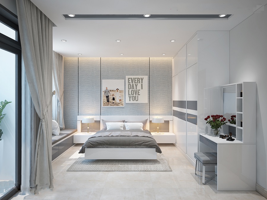 Phòng ngủ master được thiết kế với tone màu trung tính nhã nhặn