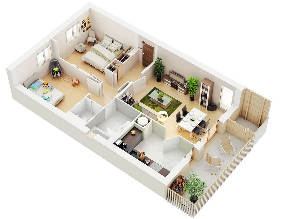 Mẫu thiết kế căn hộ chung cư 80m2 2 phòng ngủ với nội thất đơn giản
