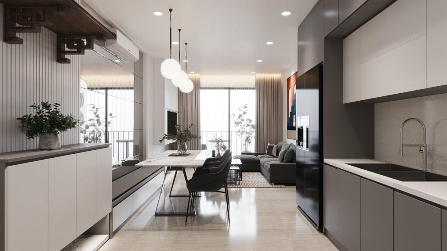 Bố trí thiết kế nội thất chung cư 90m2 tối giản, tiện ích